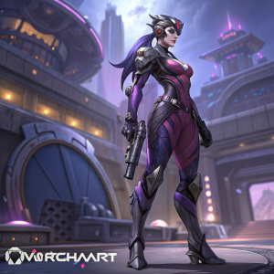 Digital render of Widowmaker from Overwatch. Character stands in a dynamic pose. Scene includes intricate design details, with purple and metallic tones. Bottom logo: OverwatchFanArt