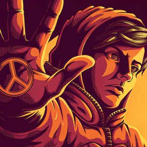 Illustration of Josuke Higashikata from JoJo's Bizarre Adventure. Wearing a purple outfit with peace sign symbol. Background dimly lit. Close-up shot of his face and hands