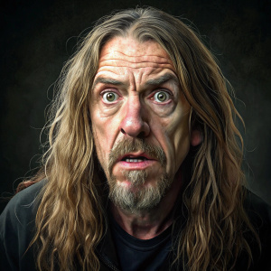 ugly man with long hair and goatee with black background