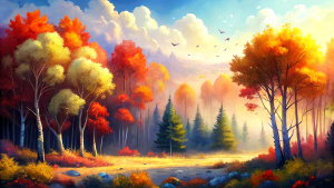 A clearing in the middle of a dense autumn forest - dark red, gold, crimson. Clear, cloudless azure sky. Yellow birches. Dark green spruce. Maples. Oak trees. Pines. Shrubs. Kick it. The dark brown ground is half covered with yellow and red leaves. A flock of starlings is flying in the sky. Yellow sunlight covers everything.