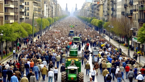 Farmers strike in city. People on strike protesting protests against tax increases, abolition of benefits by standing next to tractors on big city street from Spain