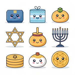 A collection of modern Hanukkah themed emojis. Features latkes, dreidels, and gelt. Bold graphics, minimalistic design