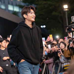 Park Hyung-Sik at a bustling outdoor event. Wearing casual black hoodie and jeans. Surrounded by fans and media.