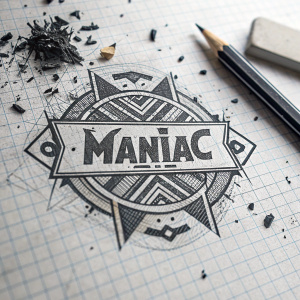 A detailed, high-resolution image of the Maniac logo. Abstract design of 'Maniac' on graph paper with scattered pencil marks and bold black ink.