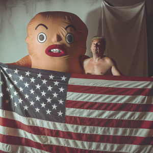 Cartoony Donald Trump, shirtless, standing next to oversized American flag plushie. Playful scene with exaggerated proportions, white backdrop.