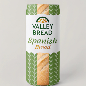 Valley Bread's Spanish Bread packaging. Vibrant green stripe on the left. Product name and logo centered. Simple, eye-catching design. Professional and appealing color palette.