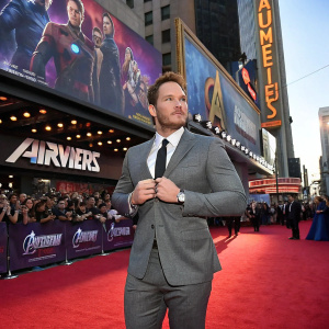 Chris Pratt, in a stylish gray suit, confidently standing on the bustling red carpet outside a major movie theater. Amidst a crowd of excited fans and celebrities, he adjusts his white shirt and black tie. Vibrant backdrop of Marvel branding and movie scenes.