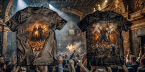 Arte para panfleto flyer catálago de camisetas  pretas lisas (sem estampa),  Arte com background desenvolvida por renomada agência de marketing e publicidade.   
 Na frente da arte destaca 1 camiseta de manga longa, uma camiseta feminina e uma Masculina Background com imagem 3D scene of an audience of show by the band DEATH METAL excited spirits  over the stage, called Spiritual Carnage, at a death metal event in a city in ruins