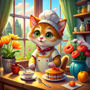 top chef cute cat with toque , cooking crepes and pancakes in a cosy kitchen in front of window, a spring day with poppies in vase on table 