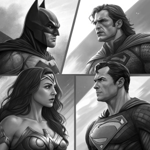 A detailed black and white illustration featuring Batman, Wonder Woman, Superman, and other Justice League members. Set in multiple panels with dynamic poses and expressions, grid-like layout.