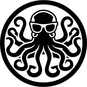 ein rundes blaues Logo mit einem weißen muskolösen coolen Tintenfisch der eine Sonnenbrille trägt