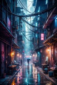 A rain-soaked cyberpunk alleyway, choked with neon signs, holographic advertisements, and tangled wires. Atmospheric perspective, hyperrealistic detail, gritty film grain.