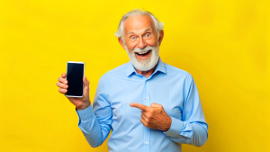 Happy older senior business man wearing shirt holding smartphone pointing at mock up screen mobile display on yellow background