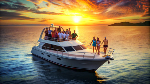 Group of friends having fun in luxury yach boat. Young men and women enjoy travel, vacation, travel on boat yacht sailing in sea, ocean at sunset on summe