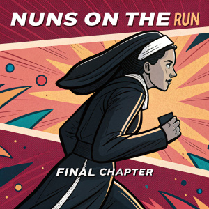 Illustration for 'Nuns on the Run' comic series. Dark-haired character with intense focus. Vibrant, abstract background. Promotional graphic featuring title and description for the final chapter.
