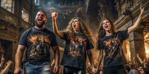 Arte para panfleto flyer catálago de camisetas  pretas lisas (sem estampa),  Arte com background desenvolvida por renomada agência de marketing e publicidade.   
 Na frente da arte destaca 1 camiseta de manga longa, uma camiseta feminina e uma Masculina Background com imagem 3D scene of an audience of show by the band DEATH METAL excited spirits  over the stage, called Spiritual Carnage, at a death metal event in a city in ruins