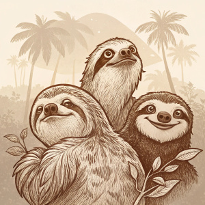 Digital illustration featuring sloths from Sloth Gang logo. Sketch-like style with sepia tones.