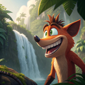 Close-up of Crash Bandicoot with an excited grin. Set against a lush jungle backdrop with cascading waterfalls and dense foliage. The scene is bright and filled with vibrant colors, capturing the essence of his adventurous spirit.