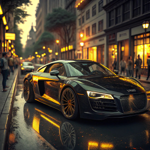 A shiny, black Audi R8 parked in a busy urban street. The vibrant yellow lights of the city illuminate the car's sleek curves.