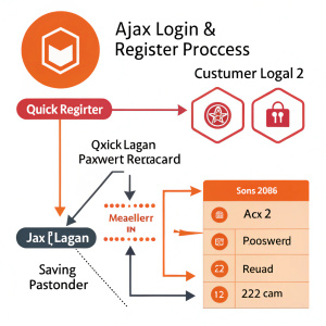 Flat graphic illustration of Magento 2 Ajax Login & Register process flowchart. Steps include quick login/register, password login, and saving customer time.