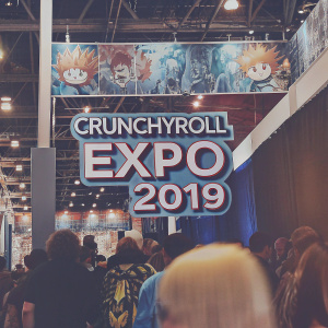 Promotional banners for Crunchyroll Expo 2019. Vibrant anime themes, text overlays, event branding.