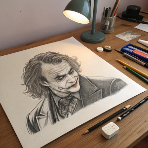 A detailed pencil sketch of the Joker character from Batman, with sketching tools scattered on a wooden desk.