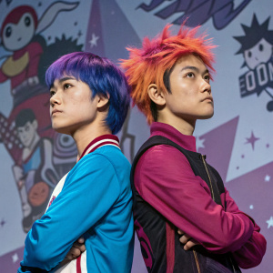 Digital art of the twins Kyle and Ken Katayanagi from Scott Pilgrim vs. the World. Bold, divided hair colors, standing confidently against a backdrop filled with abstract shapes and characters.