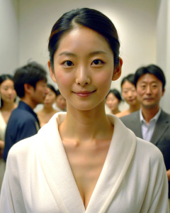 1girl, 20-year-old Korean actress Clara Lee Sung-min, bun hair style, wearing a white bathrobe without tying it, art show: 1.2, collarbone, looking at the audience, ((turbulent)), ((perfect body proportions)), (panorama: 1.3), beautiful and mature, wide-angle lens, grin, deep shadows, Emily Soto, <lora:DetailedEyes_xl_V2:1>, <lora:neg4all_bdsqlsz_xl_V7:1>, (super delicate oval face)), ((beautiful eyes with long eyelashes, ( (Real image quality)),((Leica RAW photo)),24k,((Fidelity:1.2)), ((Really