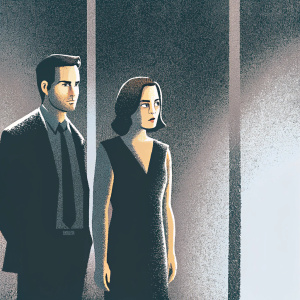 Serious faces of Ryan Eggold and Megan Boone from 'The Blacklist'. Ryan in a dark suit, Megan in a sleek black dress. Dark, moody background with minimal lighting.