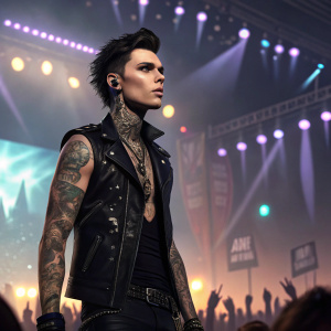 Andy Biersack from Black Veil Brides on a stage, intense gaze, tattoos visible, black leather vest. Concert setting with a sea of fans