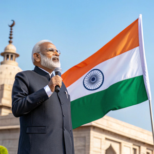 Narendra Modi in a formal suit, standing in front of Indian flag. The backdrop is a sunny day with clear blue sky. He is giving a speech.