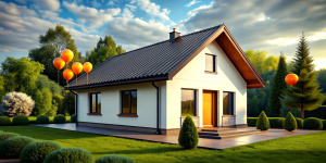 small country one-story modern house, minimalistic, modest design, few details, not pretentious, small windows, siding, white walls, triangular roof, a lot of orange balloons are flying behind the house, small balloons, a lot of balloons, photorealism, high quality photo, photo as in life, hdr, 3K, professional photographer