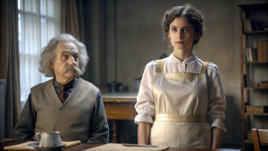 Imagen de Mileva Maric usando delantal al lado de Albert Einstein en 1914 en el escritorio Hiperrealismo fotorrealista 4K hiperdetallado.