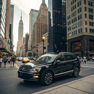 High-definition shot of a shiny black Volkswagen Tiguan parked in a bustling urban environment. Surrounded by skyscrapers and city traffic.