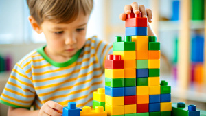 Close up of child hands playing with colorful building blocks. Preschool kid building tower with plastic blocks at home or kindergarten, daycare center or nursery