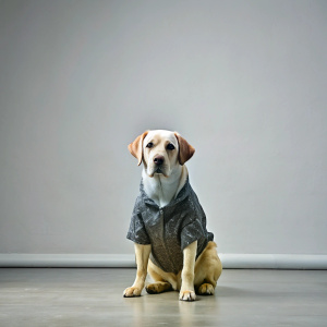 make me a weirdly cute photo of labrador dog sitting on the plain floor, not looking at the camera, plain background wearing designer clothes, isolated background