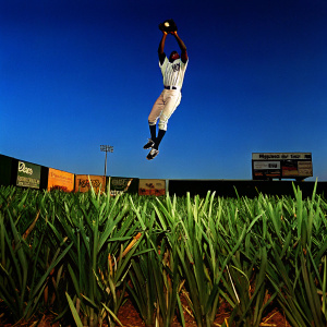 Didi Gregorius, number 18 in Yankees jersey, midair leap to catch baseball. Ad boards and green grass field backdrop.