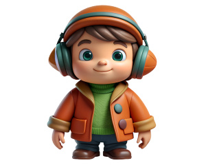 cute dwarf kid in headphones in boots in a jacket with a hat on his head