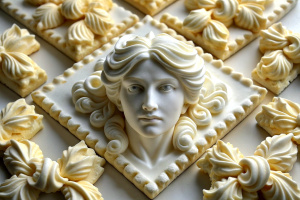 a sheet of white square baking cookies, in the style of rococo decadence, wavy, theatrical installations, camille claudel, back button focus, spherical sculptures, marguerite blasingame --ar 85:128 --s 750 - 