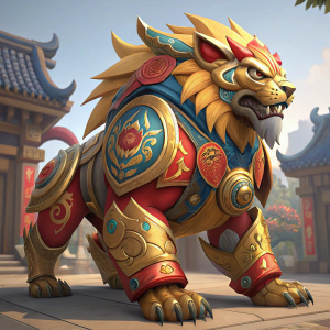 Digital artwork of Orisa, a Guardian Lion themed skin from Overwatch Year of the Dog event. Vibrant hues of gold, red, and blue with intricate Mesoamerican-inspired patterns. Detailed armor and muscular build. Illustration.