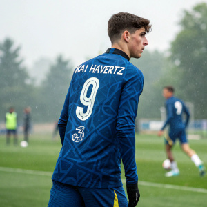 Kai Havertz, soccer player, serious expression. Modern blue soccer jersey with number and name. Stylized club emblem. Bold font. During an intense training session.
