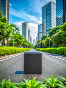 a small black square flat box stands on the road foreshortening directly into the camera against the background of a high-tech futuristic city of the future with lots of vegetation and greenery professional high-quality image