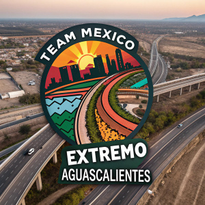 A digital graphic showcasing the intricate highway system of Mexico. The design includes the vibrant Team Mexico Extremo Aguascalientes logo, featuring a blend of urban and rural infrastructure, rendered in bold, graphic design style.