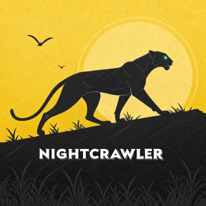 Poster for 'Nightcrawler'. Stylized silhouette of a cheetah, dynamic pose, elongated body, sharp head, glowing green eyes, yellow background. Film title and info in bold, minimalist graphic design style, contrasting black and white shapes at the bottom.