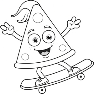 A triangle pizza slice skateboarding  ( everything looking cartoon  bold line and outline ) simple design bold line and outline , , coloring pages for kids 