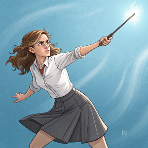 Illustration of Hermione Granger in animated pose. She is wielding a wand, fighting stance, blue background, white shirt, gray skirt.