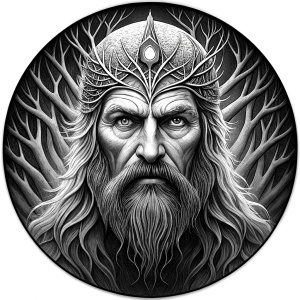 Nordic Mimir - Guard the Source of Tree Yggdrasilr high-definition design grey and black, realistic tattoo design, white background