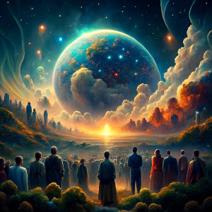 a group of 20 people are staring far into the universe.  You can see sparking stars from far away and the people give a feeling of community and unity in this new era. the background is full of nature and vegetation only at the front, at the back its full of stars and small planets like in the inmense universe.At the end of the sky you can see a very shiny light. 