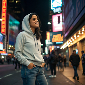 Michelle Rodriguez in casual attire, jeans and hoodie. Background is a busy city street at night, neon lights and bustling crowd.