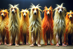 Stylized hairy feral dogs with elongated bodies and large, expressive eyes, standing in a row. Each of them has a different color and size.
They are artistically represented, with long, thin bodies, and large, round eyes.
One is tall yellow that stands out in the center.
Another smaller orange-red on the right.
Their eyes are disproportionately large compared to their bodies, giving them a cartoonish appearance.
The background is darkand features raindrops falling vertically